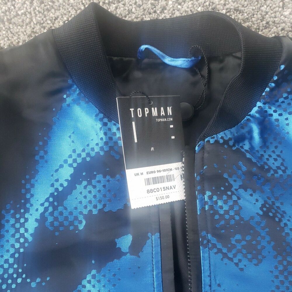 TOPMAN JACKET Medium Black Blue Abstract Bomber Jacket Coat - Picture 5 of 9